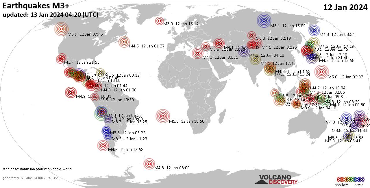 World Earthquake Report for Friday, 12 January 2024